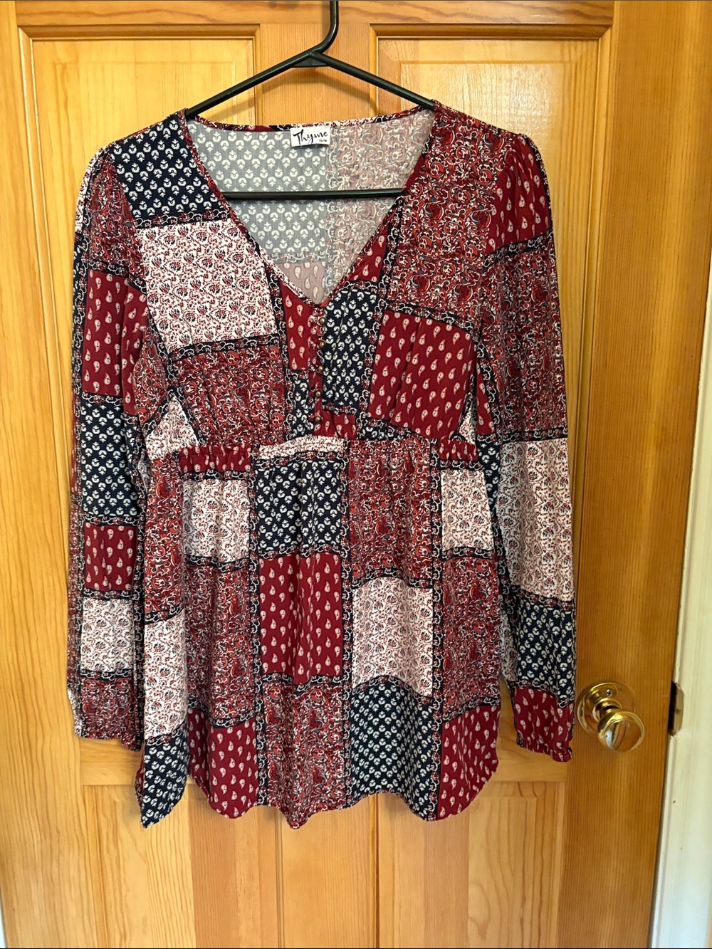 Tayme Patchwork V-Neck Tunic Top in Burgundy Mix